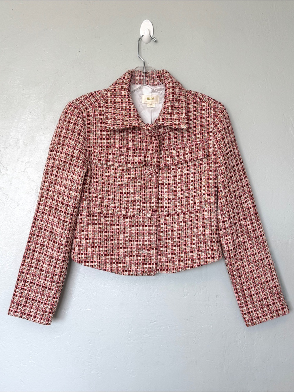 Anthropologie Maeve Pink Multi Plaid Tweed Cropped Jacket Blazer Size XS